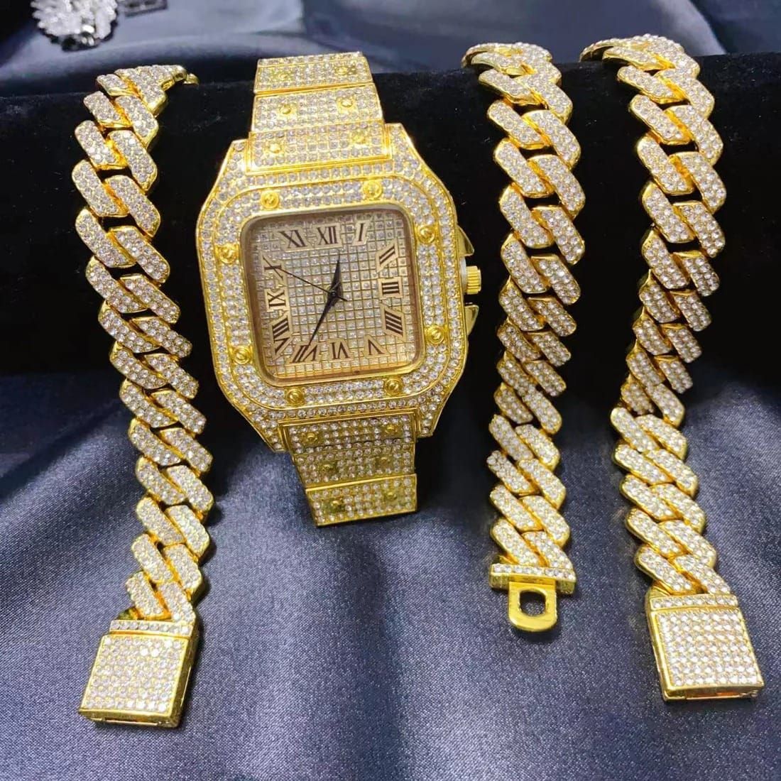 Premium Golden Watch with NECKLACE BRACELET JEWELRY SET