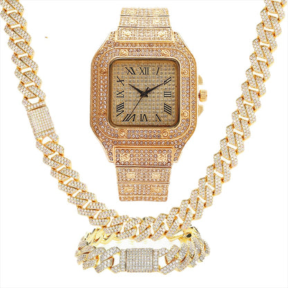 Premium Golden Watch with NECKLACE BRACELET JEWELRY SET